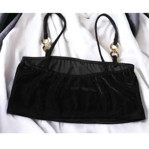 Boohoo Black Ribbed Velour Spaghetti Straps Bandeau Crop Top ~ size 8, Pre-loved - Picture 3 of 10